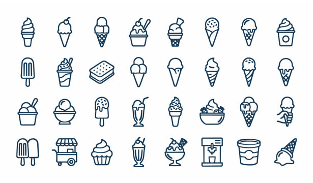 Monoline ice cream icon set with modern minimal outline dessert doodle symbols vector collection isolated on white background