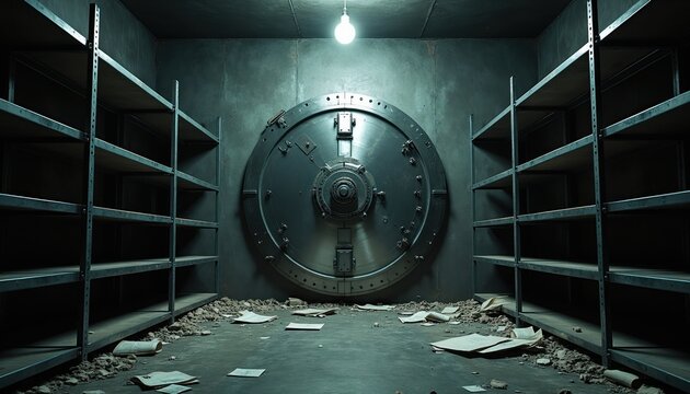 Empty bank vault interior. Thick metal door stands open. Shelves line walls, debris litters floor. Dramatic scene implies theft or abandonment.