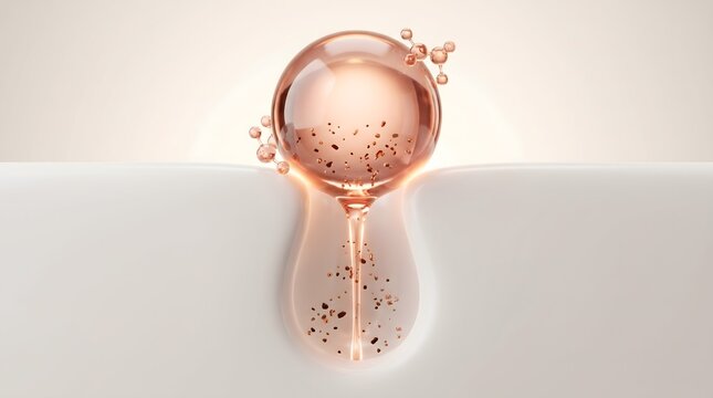 Rose gold serum bubble with molecule structure absorbing into smooth skin surface