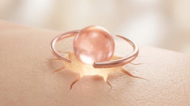 Rose gold serum sphere held by metallic ring glowing on textured skin surface with sparkle