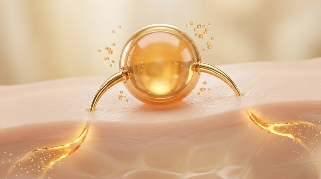 Golden amber serum sphere held by gold curved arm glowing on skin with tiny bubble splash