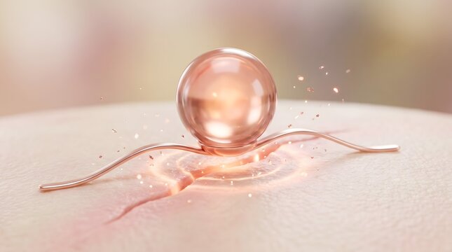 Pink rose gold serum sphere resting on wavy skin surface with metallic ribbon and sparkle particle