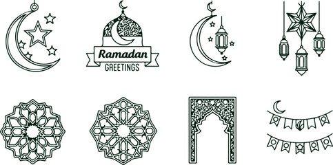 Ramadan greetings symbols, crescent moon, stars, lanterns, archway, geometric patterns, festive Islamic ornaments. © Sadhin
