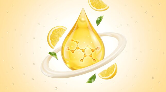 Yellow vitamin C serum drop with molecular formula surrounded by lemon slice and leaf