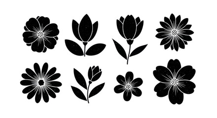 Obraz premium Collection of Black Flower Silhouettes Isolated on White Background.