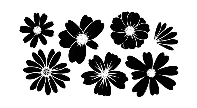 Collection of Black Flower Silhouettes Isolated on White Background.
