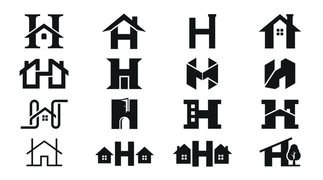 Collection of H letter and house logo designs for real estate and construction branding.