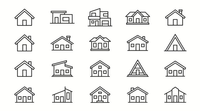 Collection of various house and home outline icons representing different architectural styles.