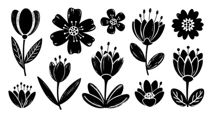 Obraz premium Collection of Black Silhouette Flowers and Leaves.