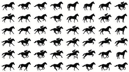 Fototapeta premium Silhouettes of horses in various running and jumping poses.