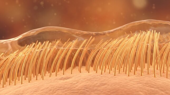 Dense golden hair follicle fiber growing from skin surface in warm light