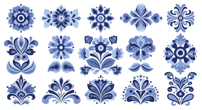 Collection of blue floral ornaments in traditional folk art style.