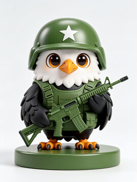 Adorable 3D cartoon eagle dressed as a soldier with a green helmet, tactical vest, and rifle. High-quality render on a clean white background.