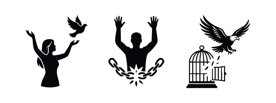 Freedom and liberation icons set. Dove, eagle, and broken chains symbols representing hope, peace, and independence.