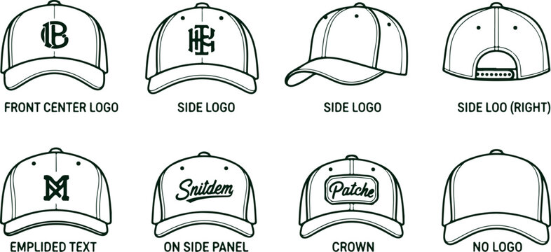 Variety of baseball cap designs with different logos and text applications for branding and customization options.