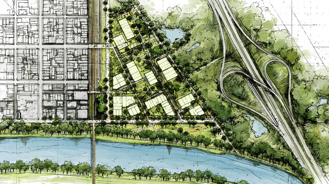 Aerial view of a hand drawn urban master plan showing mixed use city layout with residential and commercial zones, green spaces, roads, waterways and transit corridors