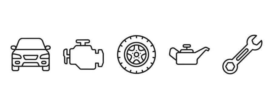 Set of automotive service and maintenance icons featuring car engine tire oil can and wrench symbols for auto repair shop and vehicle diagnostics