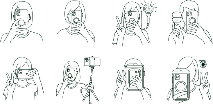 Illustrations of people taking selfies with smartphones cameras and accessories in various poses and settings.