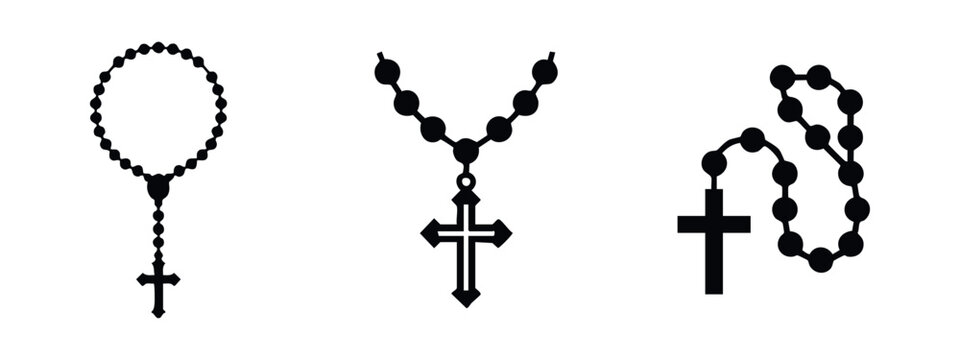 Rosary beads icons set. Christian cross symbols. Prayer beads vector collection, catholic faith and spiritual devotion signs.