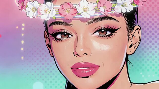Animated portrait of a beautiful woman wearing a floral halo, winking in a pop art cartoon style