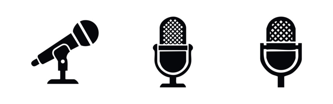 Studio microphone icons set. Desk mic symbols. Recording equipment vector collection, podcast, broadcast, and audio production signs.