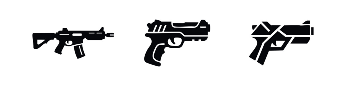 Firearm icons set. Gun weapon symbols. Pistol and submachine gun vector collection, defense and military signs.