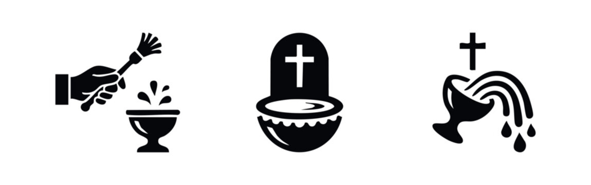 Baptism icons set. Holy water symbols. Christian ritual vector collection, purification and sacred ceremony signs.