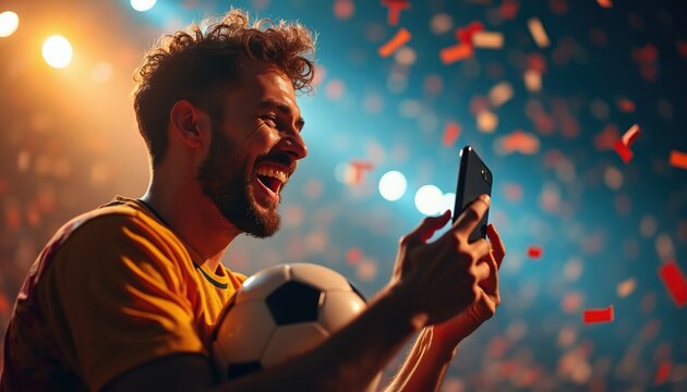 Happy man holds soccer ball looking at phone screen. Confetti falls around crowd during sports game celebration. Fan cheers with joy watching match on mobile device.