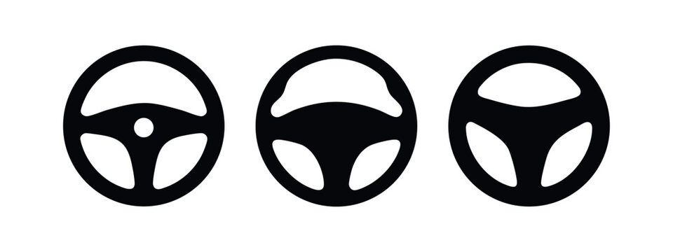 Steering wheel icons set. Car control symbols. Automobile part vector collection, driving and vehicle technology signs.