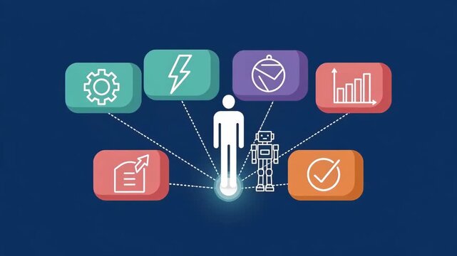 Human figure connected to multiple skill and technology icons on a dark blue background. Digital competency and capability concept. Personal development and automation. Flat animated illustration