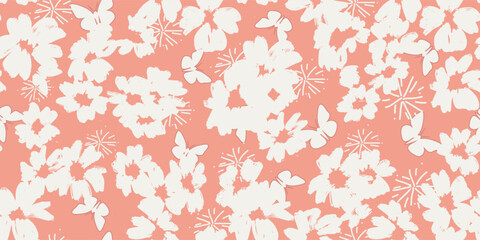 Obraz premium Brush stroked flowers and hidden butterflies pattern design on blush background