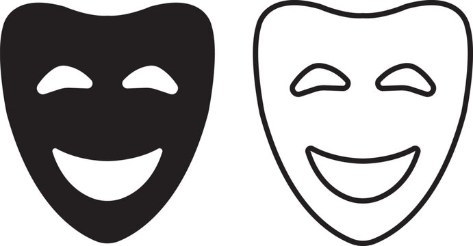 Happy theater mask icon in solid and outline style comedy performance symbol for acting entertainment stage expression isolated on transparent background vector design