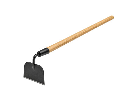 Garden hoe with long wooden handle isolated on white background.