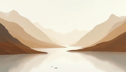 Naklejka premium Minimalist abstract landscape shows layered mountain range and calm water. Serene beige and amber tones create peaceful mood. Light gray reflections on water surface.