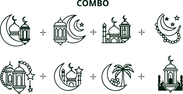 Islamic cultural elements crescent moon mosque lantern rosary stars on transparent background.