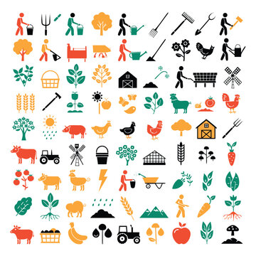 A comprehensive collection of sixty-four colored flat icons featuring agricultural subjects like farmers, livestock, tractors, and crops arranged in a grid on a white background.