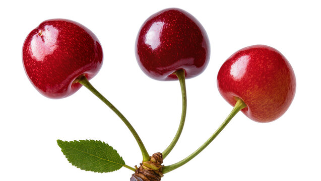 Three ripe red cherries with green stems and one leaf