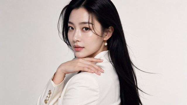 Studio beauty portrait of an elegant woman in a white blazer