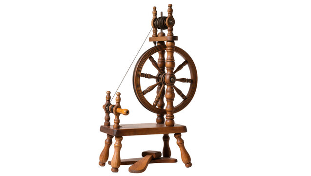 Antique wooden spinning wheel with large wheel and foot pedal