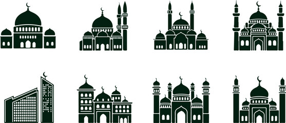 Collection of mosque building silhouettes in different architectural styles iconic religious structures. © Sadhin