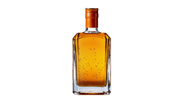 Clear glass bottle with amber liquid and bubbles