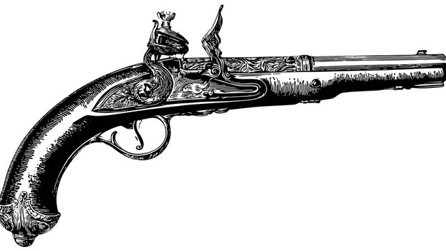 Antique Flintlock Pistol Side View with Intricate Engraving