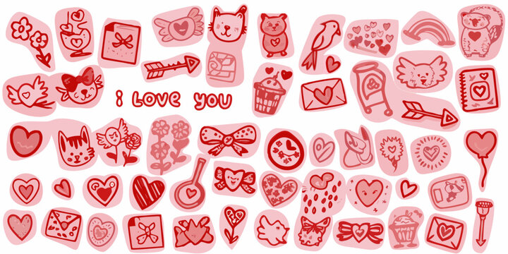 romantic stickers in pink and red vector style art love symbols hearts