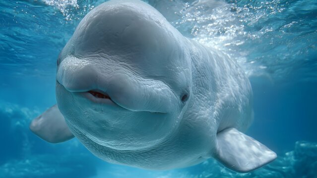 Curious Beluga Whale Swimming Close Up