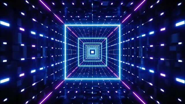 A glowing blue neon square tunnel creates a deep sense of infinite digital perspective