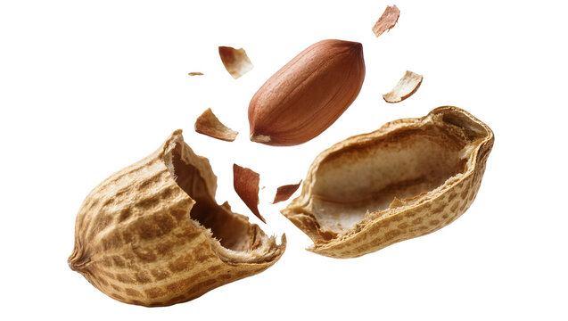 Peanut shell broken open with kernel and fragments flying