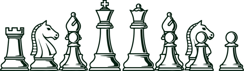Chess pieces king queen bishop knight rook pawn arranged in order for strategy game or board game concept illustration. © Sadhin