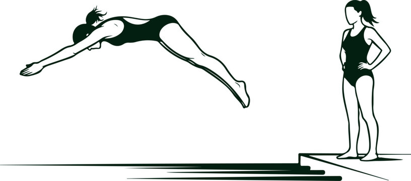 Female diver jumping into water from diving board woman in swimsuit athletic pose while diver stands by pool competition.
