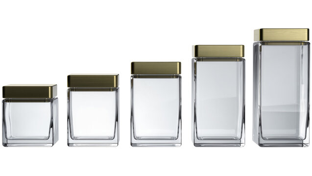 Set of five clear glass rectangular jars with gold ribbed caps