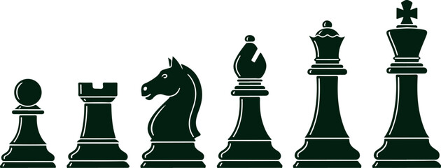 Set of dark green chess pieces pawn rook knight bishop queen king on white background silhouette vector. © Sadhin
